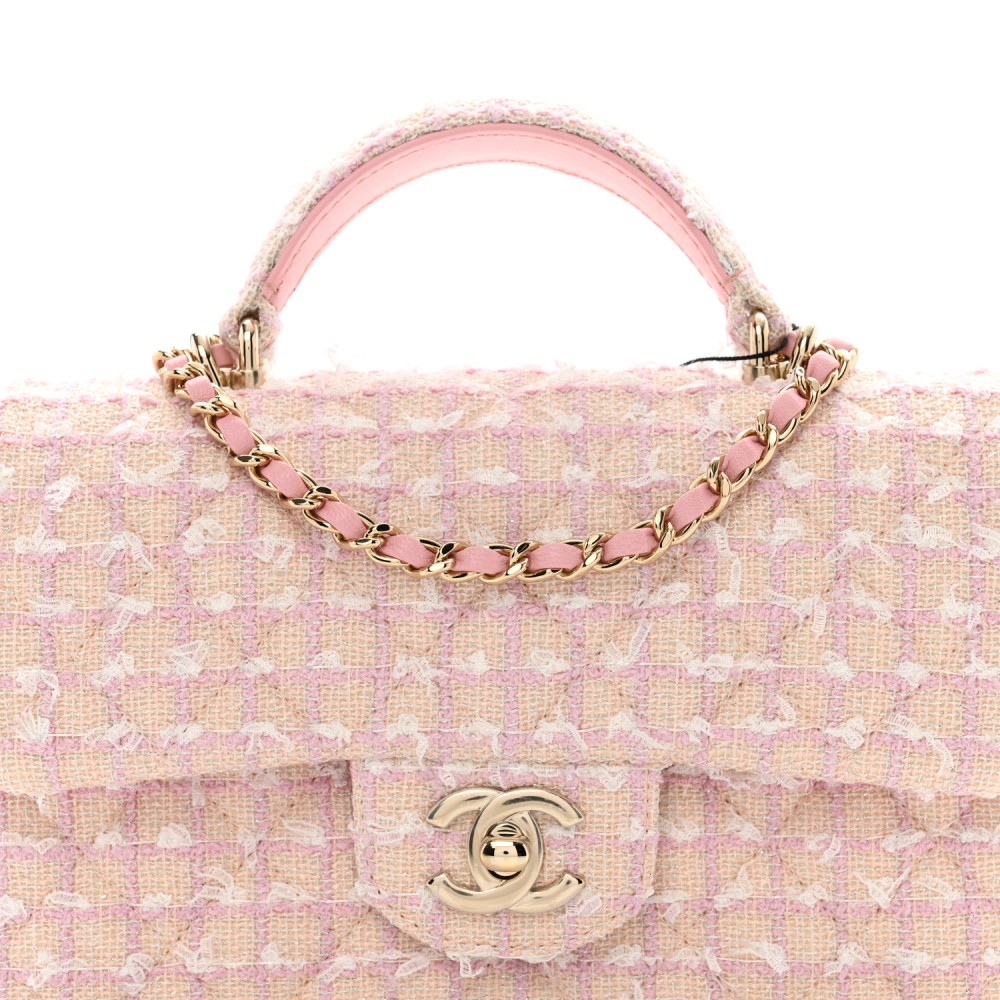 Tweed Quilted Mini Top Handle Rectangular Flap Light Pink