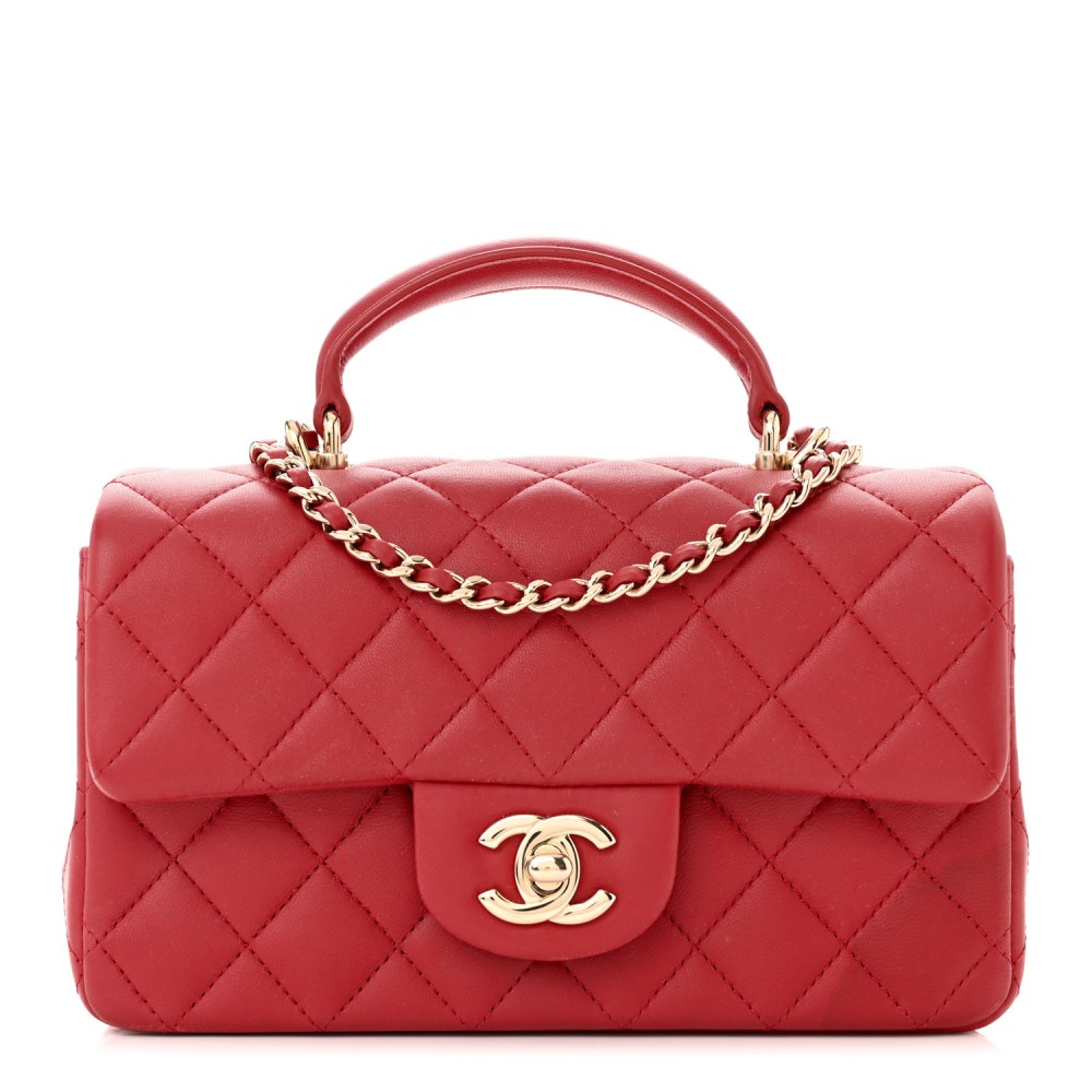 Lambskin Quilted Mini Top Handle Rectangular Flap Red