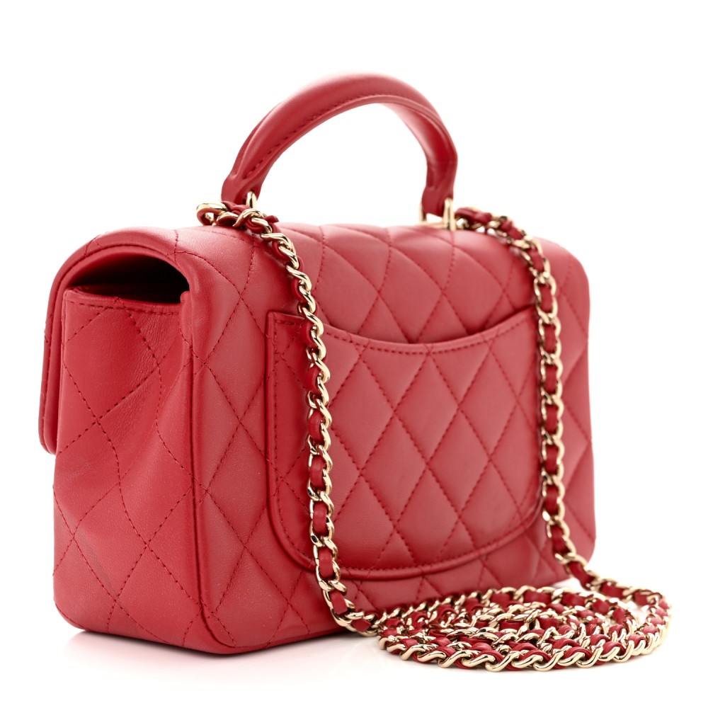 Lambskin Quilted Mini Top Handle Rectangular Flap Red