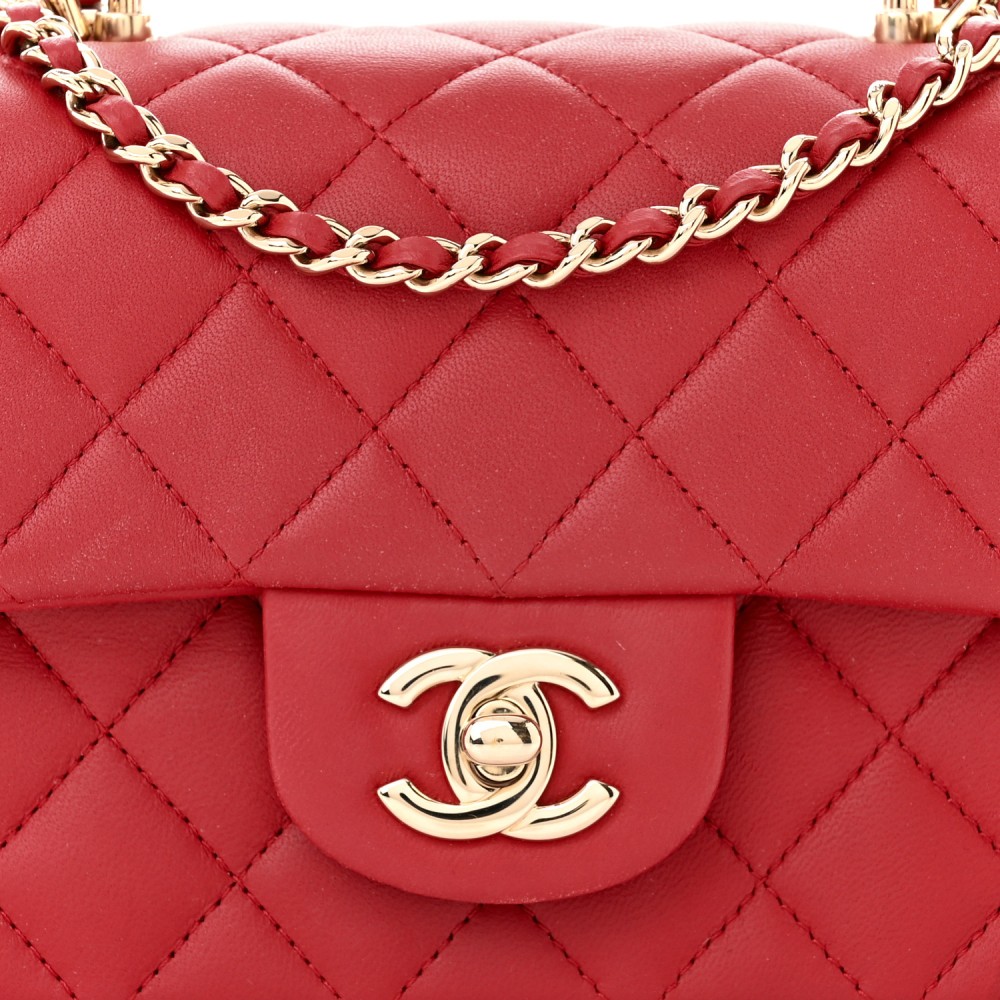 Lambskin Quilted Mini Top Handle Rectangular Flap Red