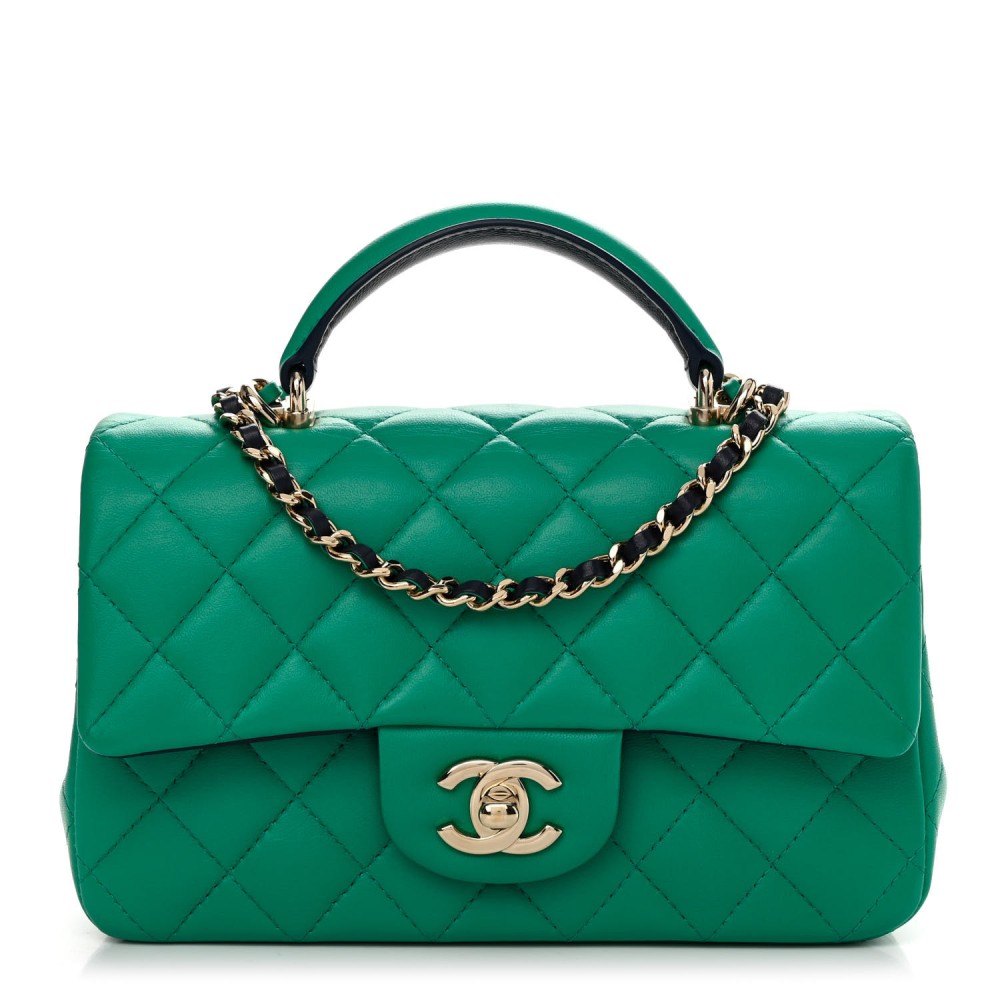 Lambskin Quilted Bi-Color Mini Top Handle Rectangular Flap Green Dark Blue