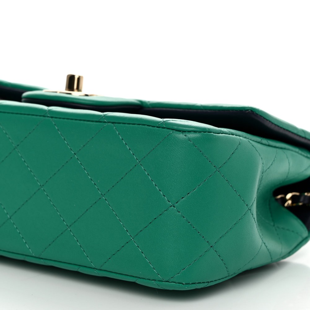 Lambskin Quilted Bi-Color Mini Top Handle Rectangular Flap Green Dark Blue