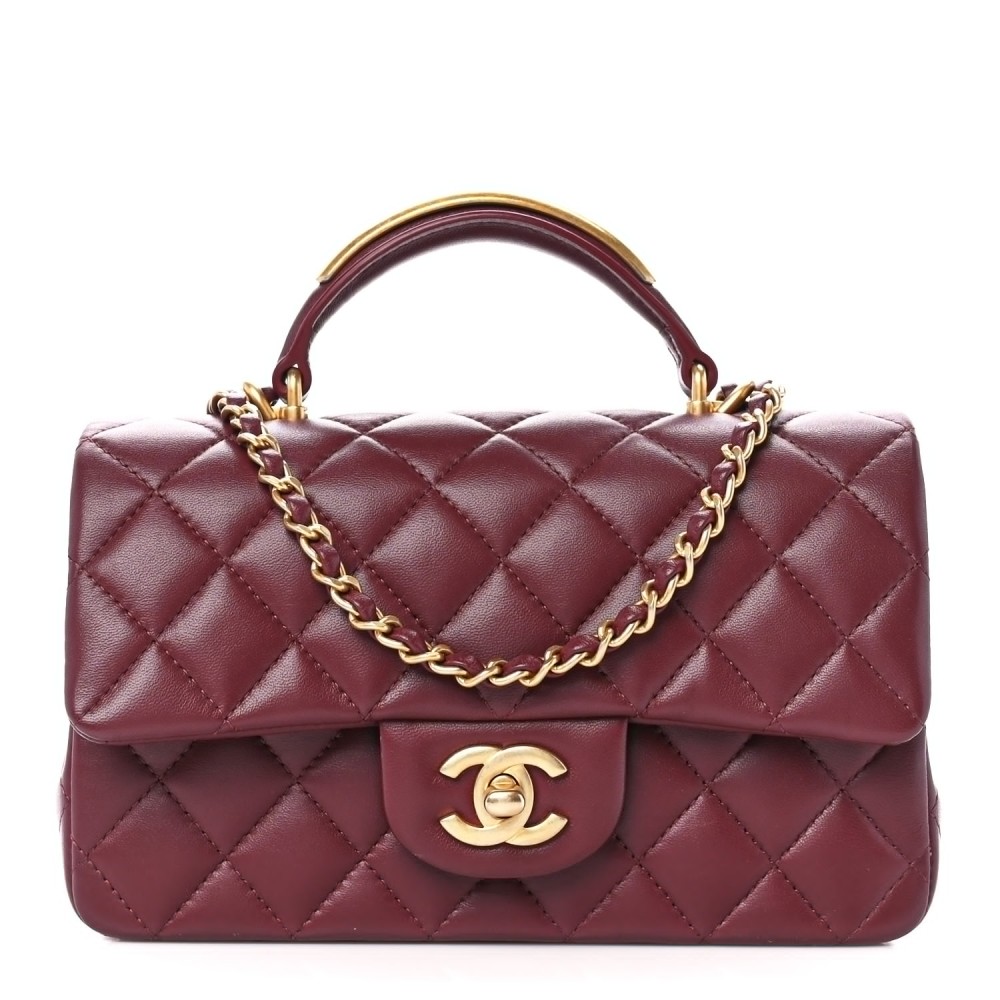 Lambskin Quilted Mini Top Handle Rectangular Flap Burgundy