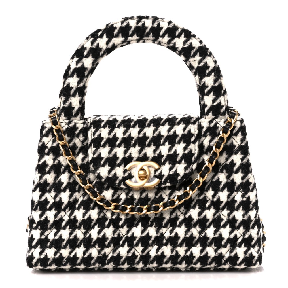 Tweed Houndstooth Quilted Nano Kelly Shopper Black White