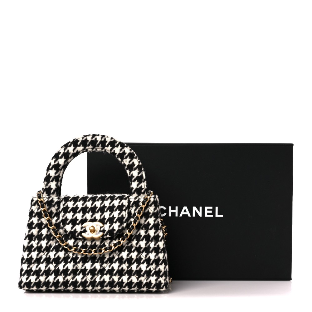 Tweed Houndstooth Quilted Nano Kelly Shopper Black White