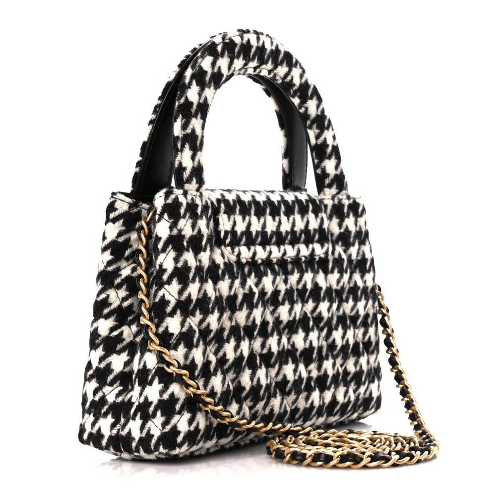 Tweed Houndstooth Quilted Nano Kelly Shopper Black White