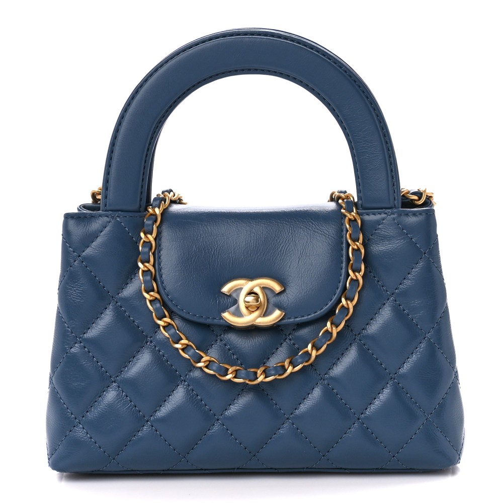 Shiny Aged Calfskin Quilted Nano Kelly Shopper Dark Blue