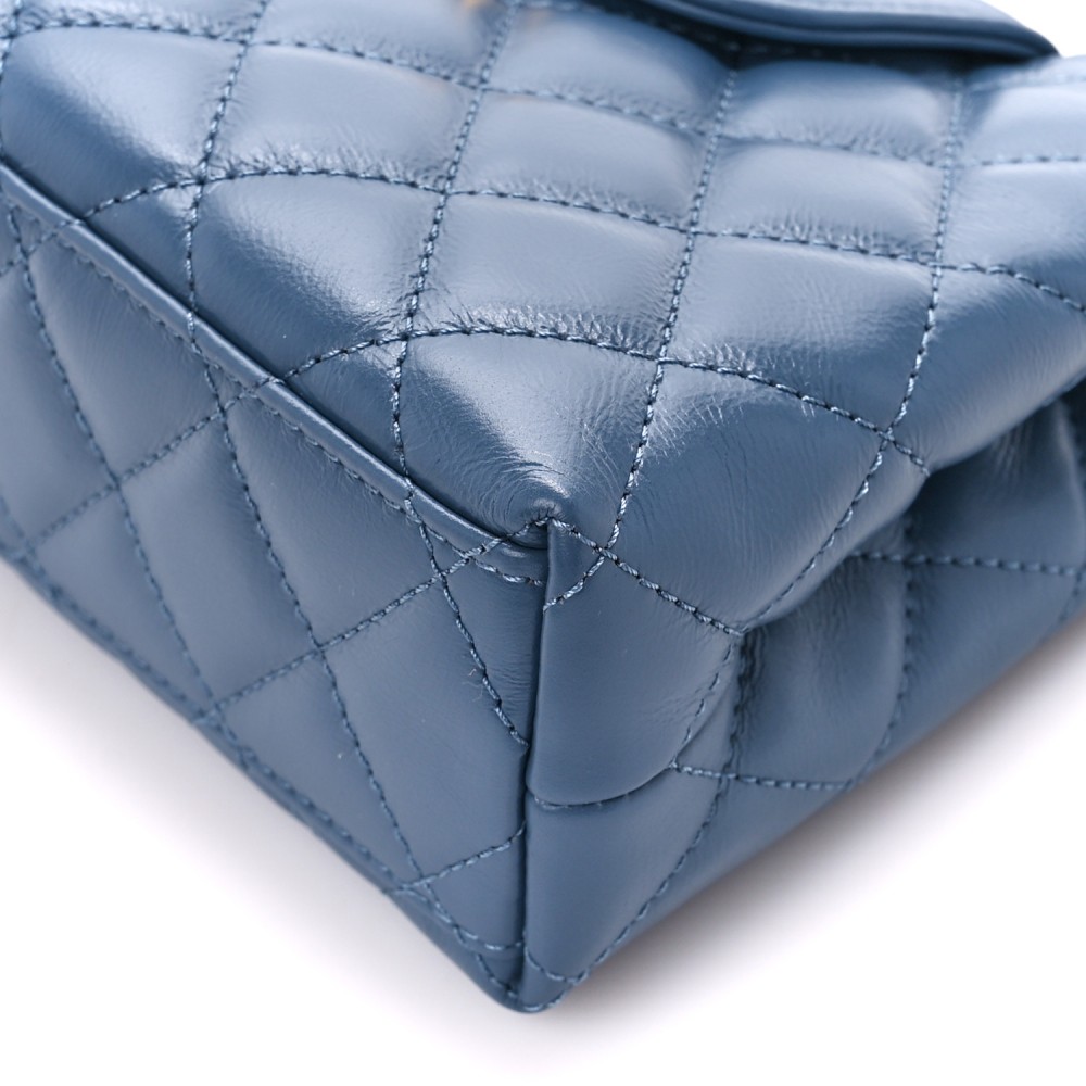 Shiny Aged Calfskin Quilted Nano Kelly Shopper Dark Blue