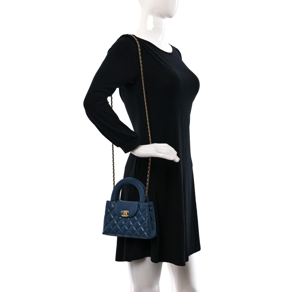 Shiny Aged Calfskin Quilted Nano Kelly Shopper Dark Blue