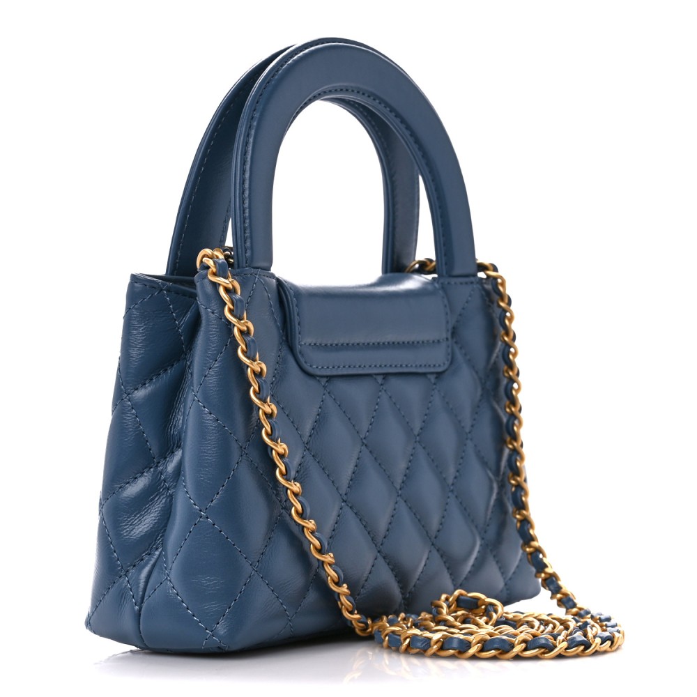 Shiny Aged Calfskin Quilted Nano Kelly Shopper Dark Blue