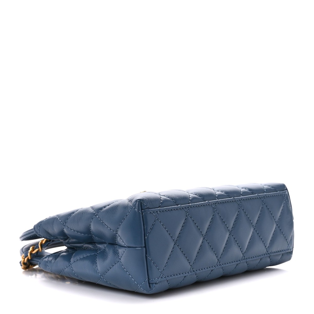 Shiny Aged Calfskin Quilted Nano Kelly Shopper Dark Blue