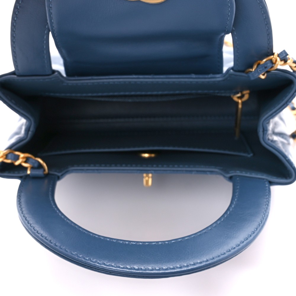 Shiny Aged Calfskin Quilted Nano Kelly Shopper Dark Blue