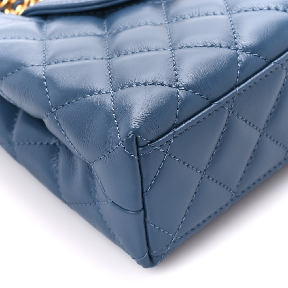 Shiny Aged Calfskin Quilted Nano Kelly Shopper Dark Blue