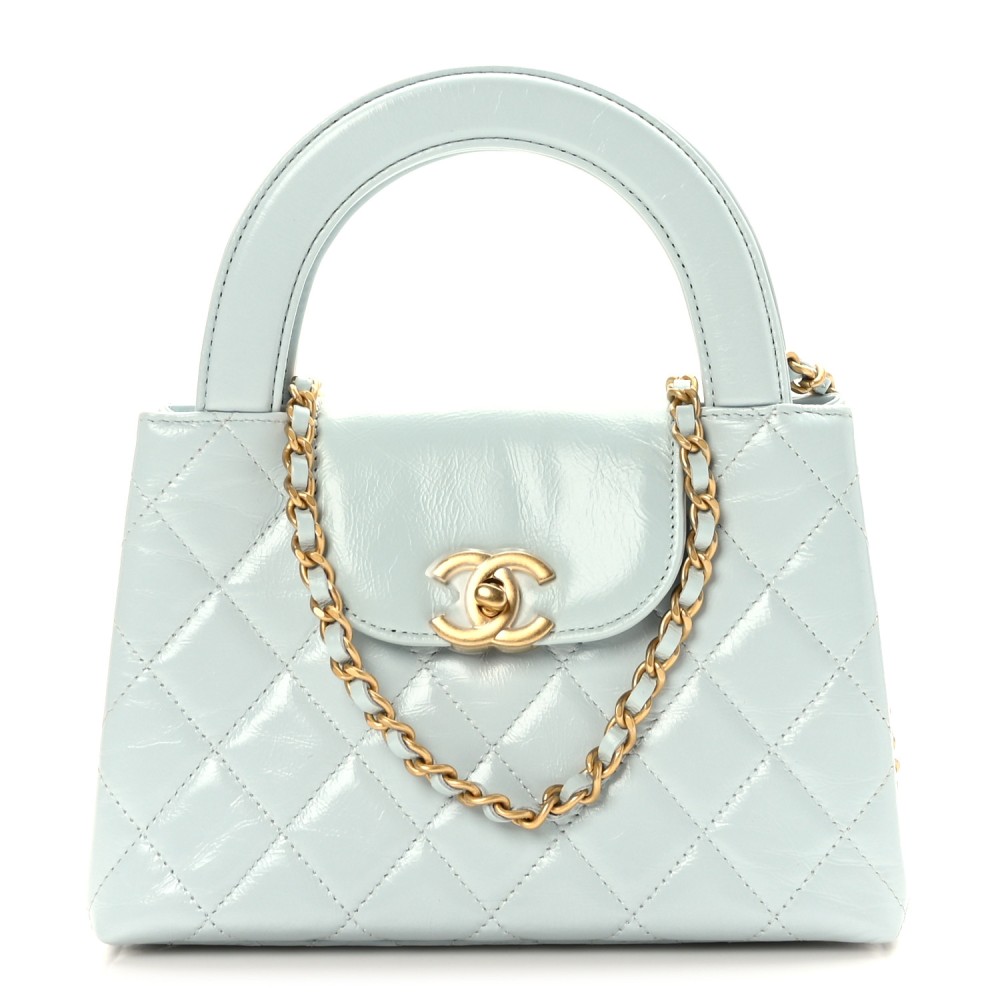 Shiny Aged Calfskin Quilted Nano Kelly Shopper Light Blue