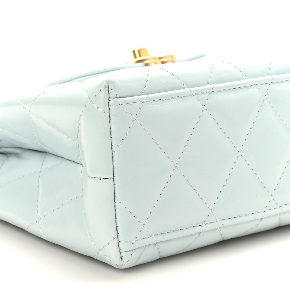 Shiny Aged Calfskin Quilted Nano Kelly Shopper Light Blue