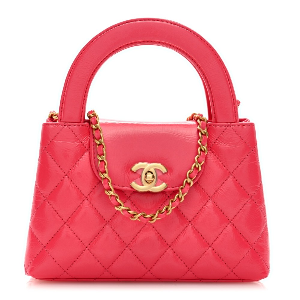 Shiny Aged Calfskin Quilted Nano Kelly Shopper Dark Pink