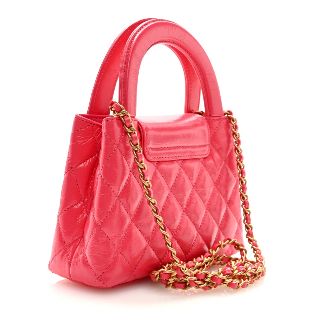 Shiny Aged Calfskin Quilted Nano Kelly Shopper Dark Pink