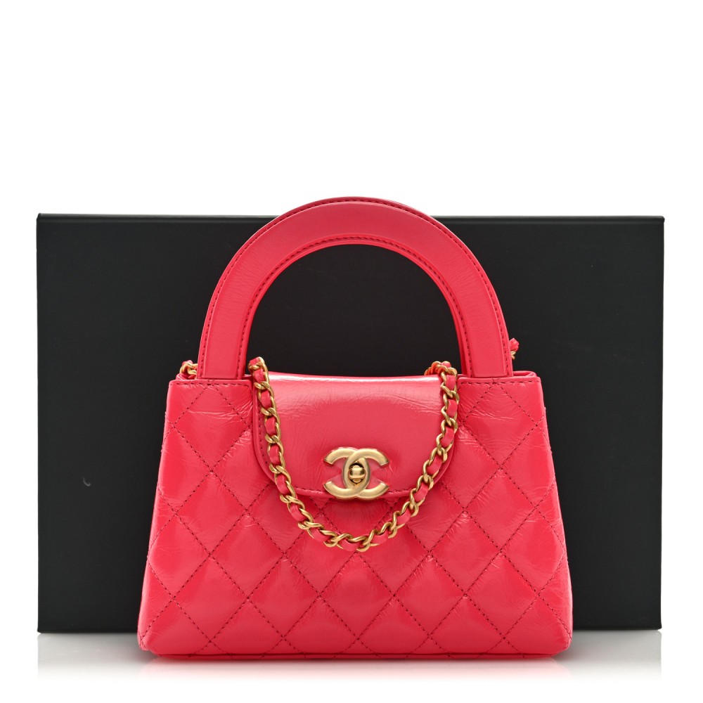 Shiny Aged Calfskin Quilted Nano Kelly Shopper Dark Pink