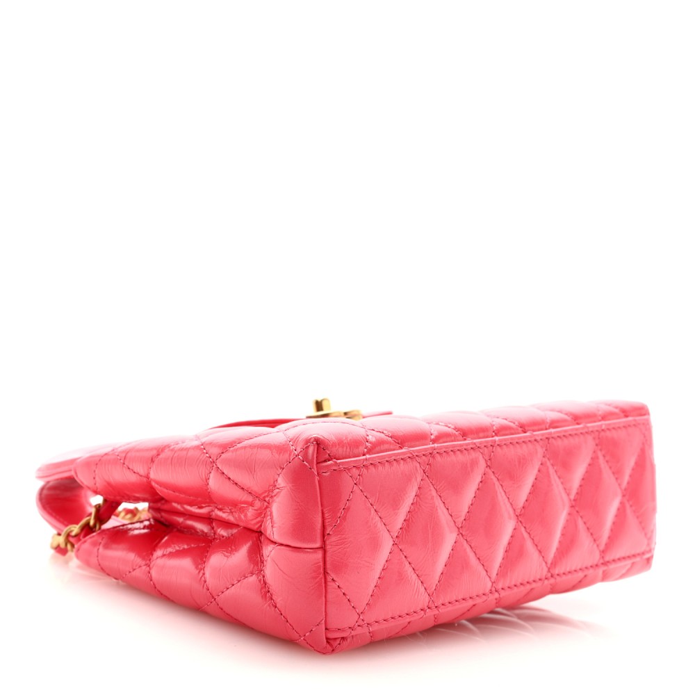 Shiny Aged Calfskin Quilted Nano Kelly Shopper Dark Pink