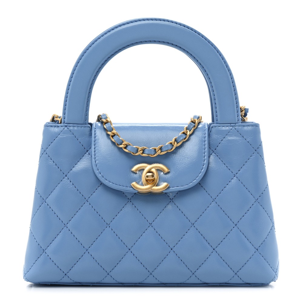 Shiny Aged Calfskin Quilted Nano Kelly Shopper Blue