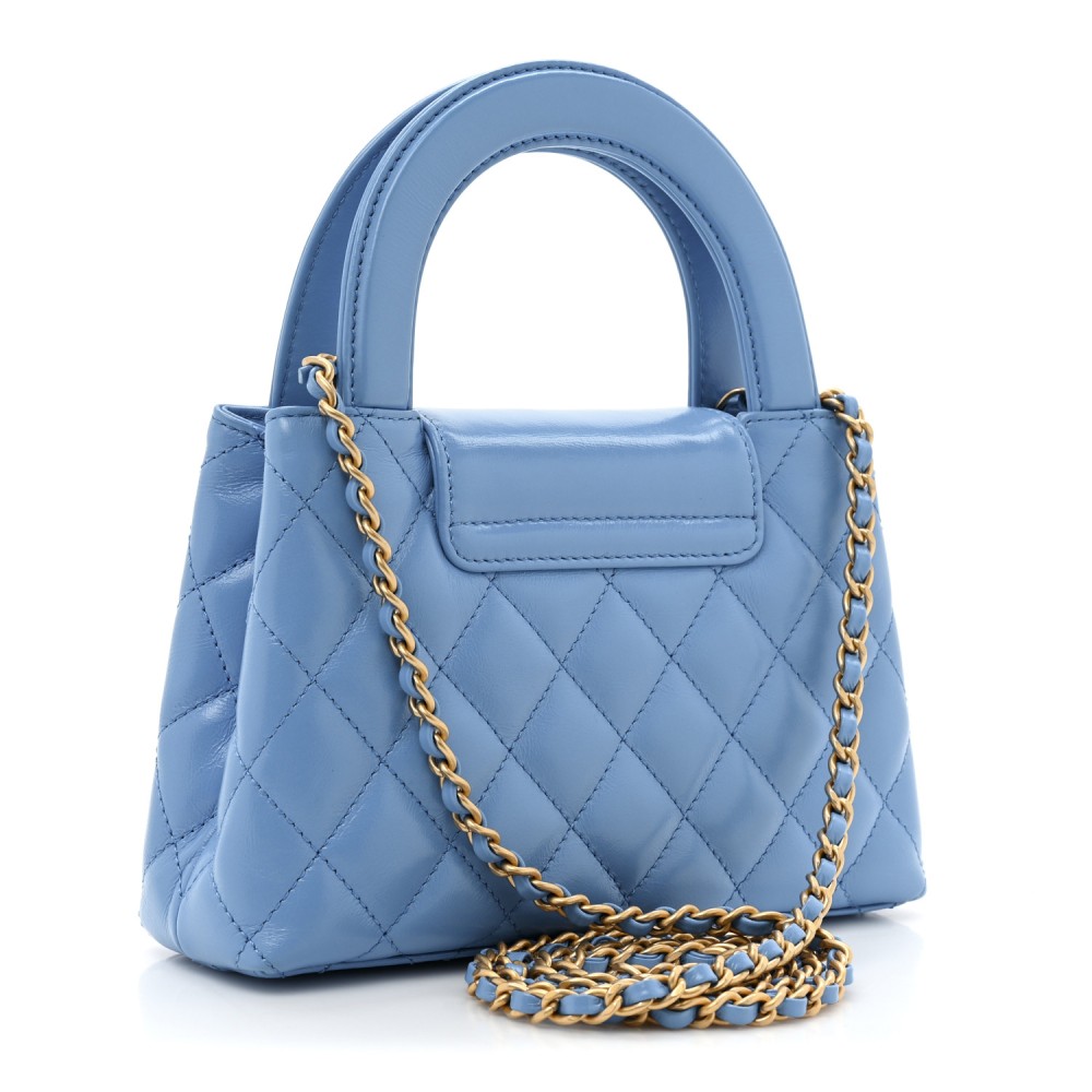 Shiny Aged Calfskin Quilted Nano Kelly Shopper Blue