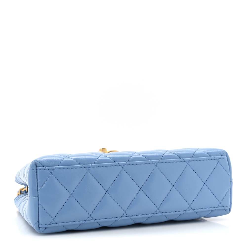 Shiny Aged Calfskin Quilted Nano Kelly Shopper Blue