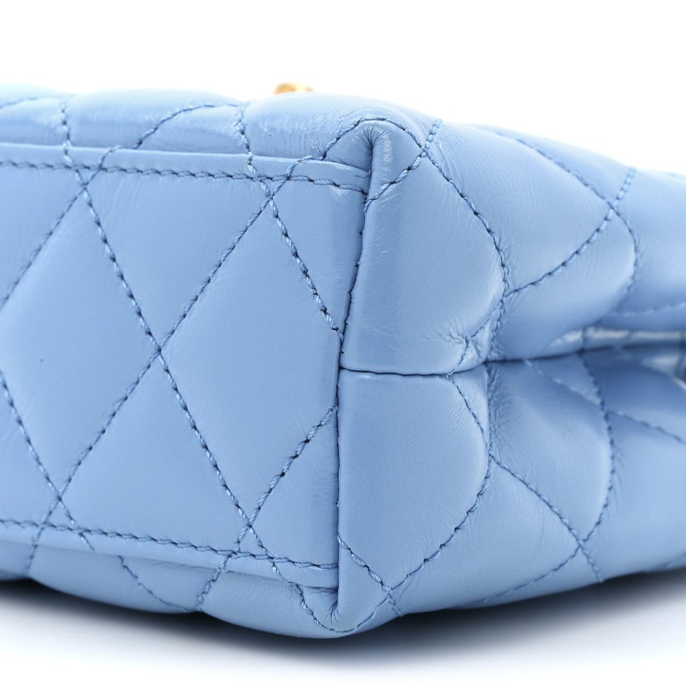 Shiny Aged Calfskin Quilted Nano Kelly Shopper Blue