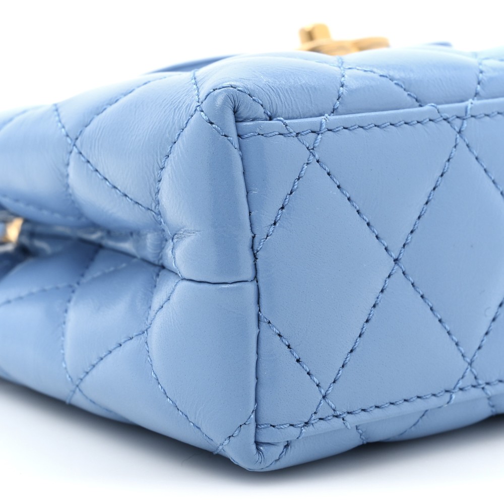 Shiny Aged Calfskin Quilted Nano Kelly Shopper Blue