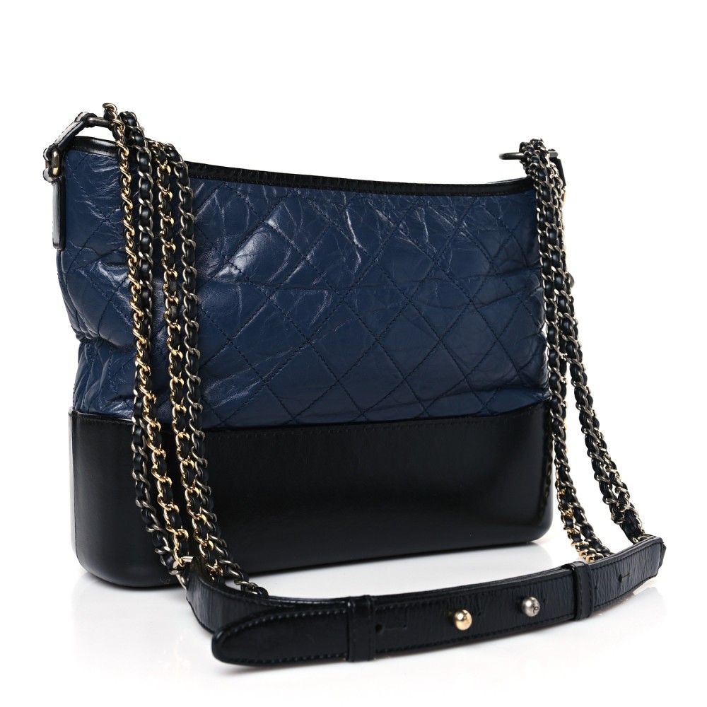 Aged Calfskin Quilted Medium Gabrielle Hobo Navy Black