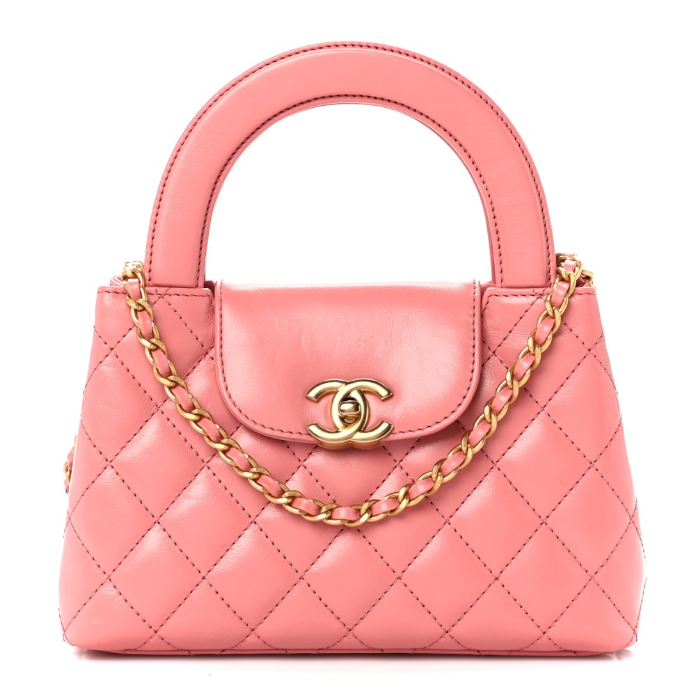 Shiny Aged Calfskin Quilted Nano Kelly Shopper Coral Pink