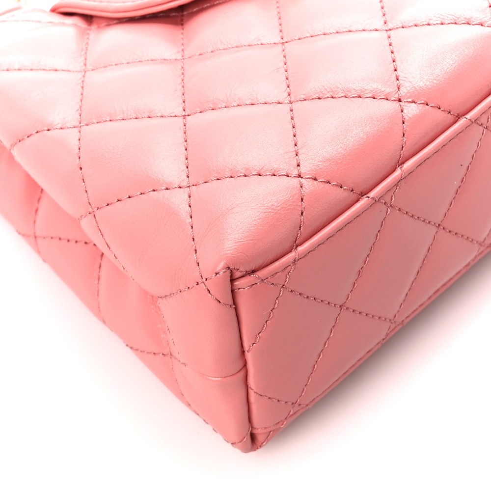 Shiny Aged Calfskin Quilted Nano Kelly Shopper Coral Pink