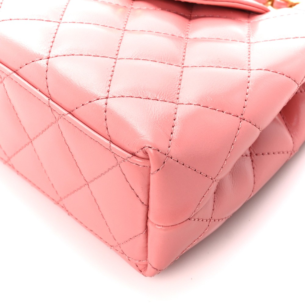 Shiny Aged Calfskin Quilted Nano Kelly Shopper Coral Pink