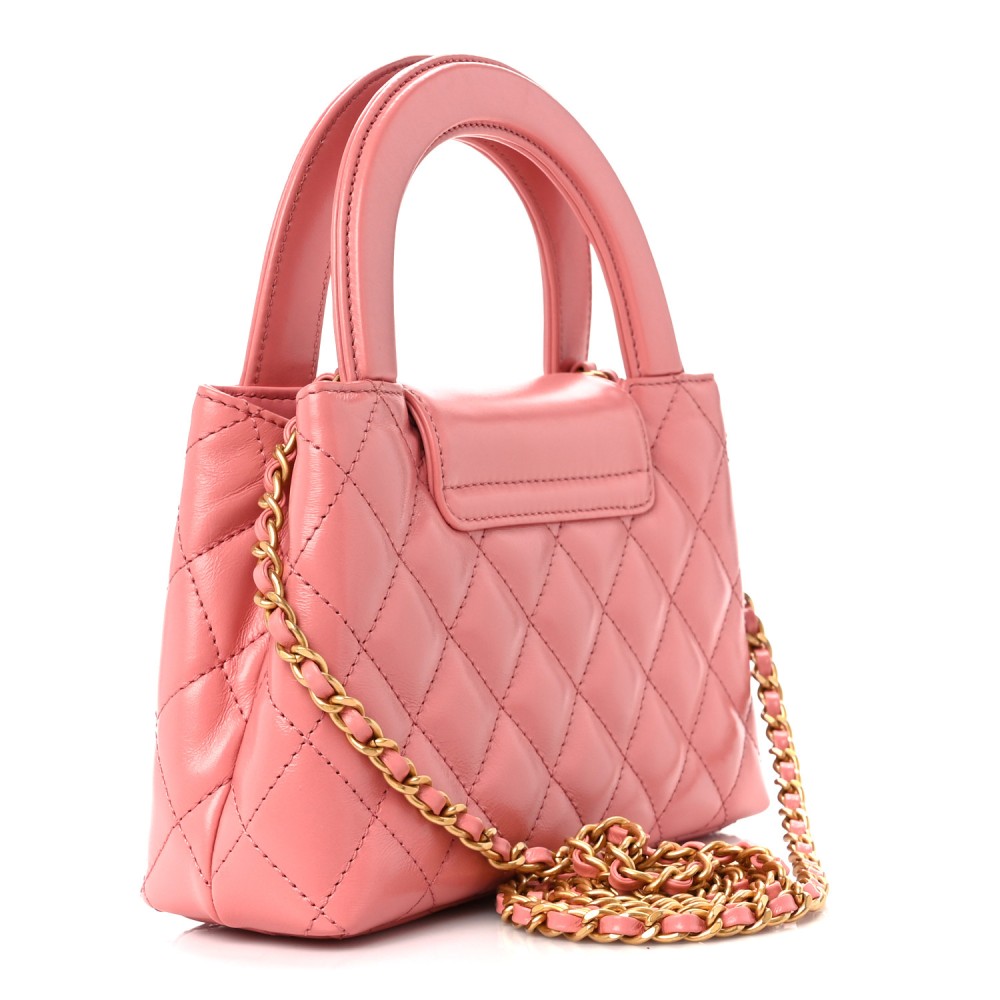 Shiny Aged Calfskin Quilted Nano Kelly Shopper Coral Pink