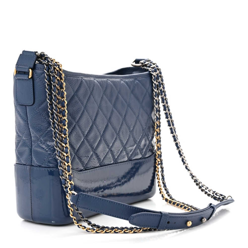 Patent Goatskin Quilted Medium Gabrielle Hobo Blue