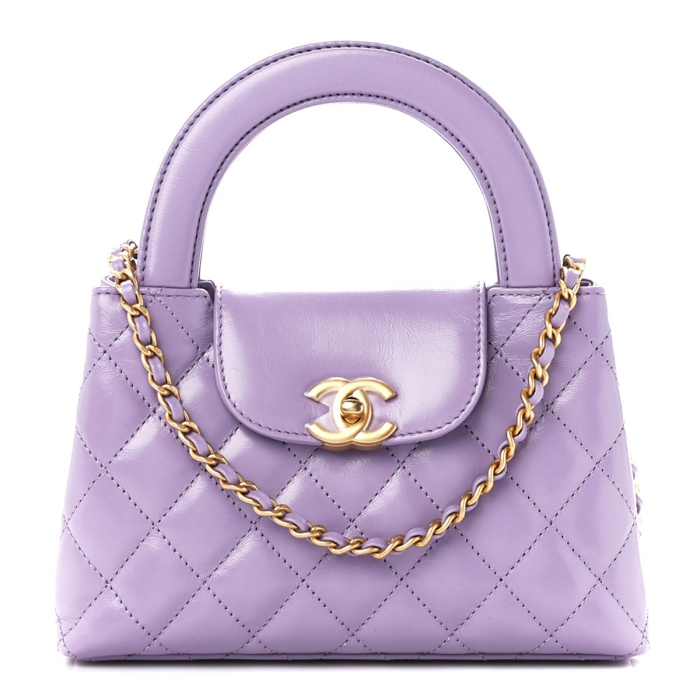 Shiny Aged Calfskin Quilted Nano Kelly Shopper Lilac