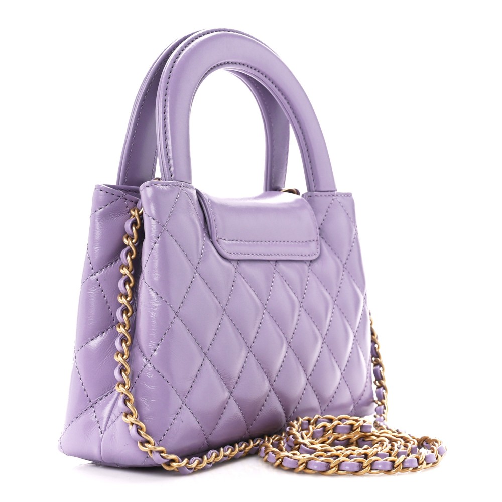 Shiny Aged Calfskin Quilted Nano Kelly Shopper Lilac