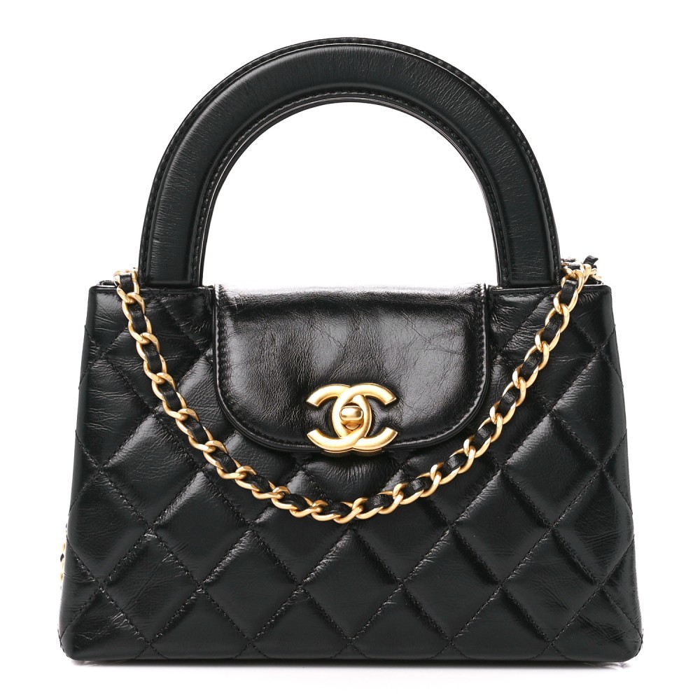 Shiny Aged Calfskin Quilted Nano Kelly Shopper Black