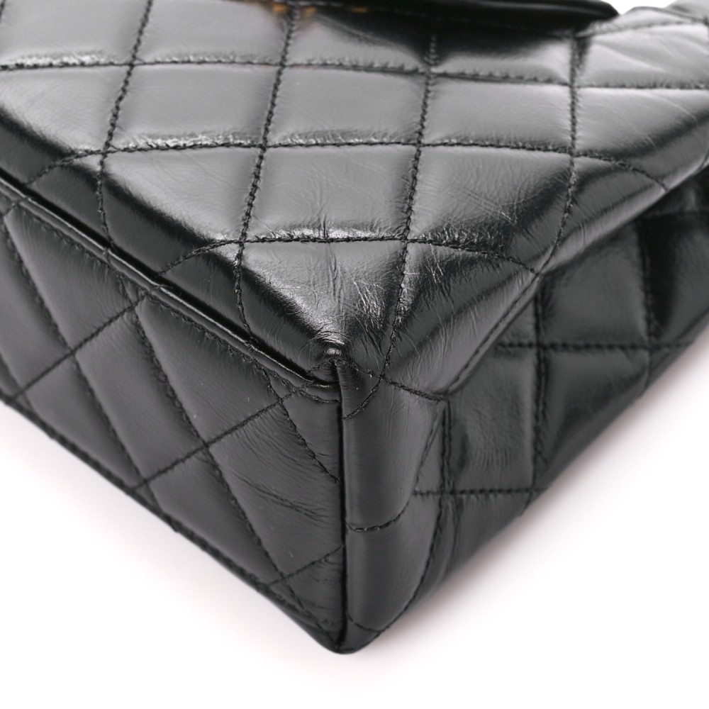 Shiny Aged Calfskin Quilted Nano Kelly Shopper Black