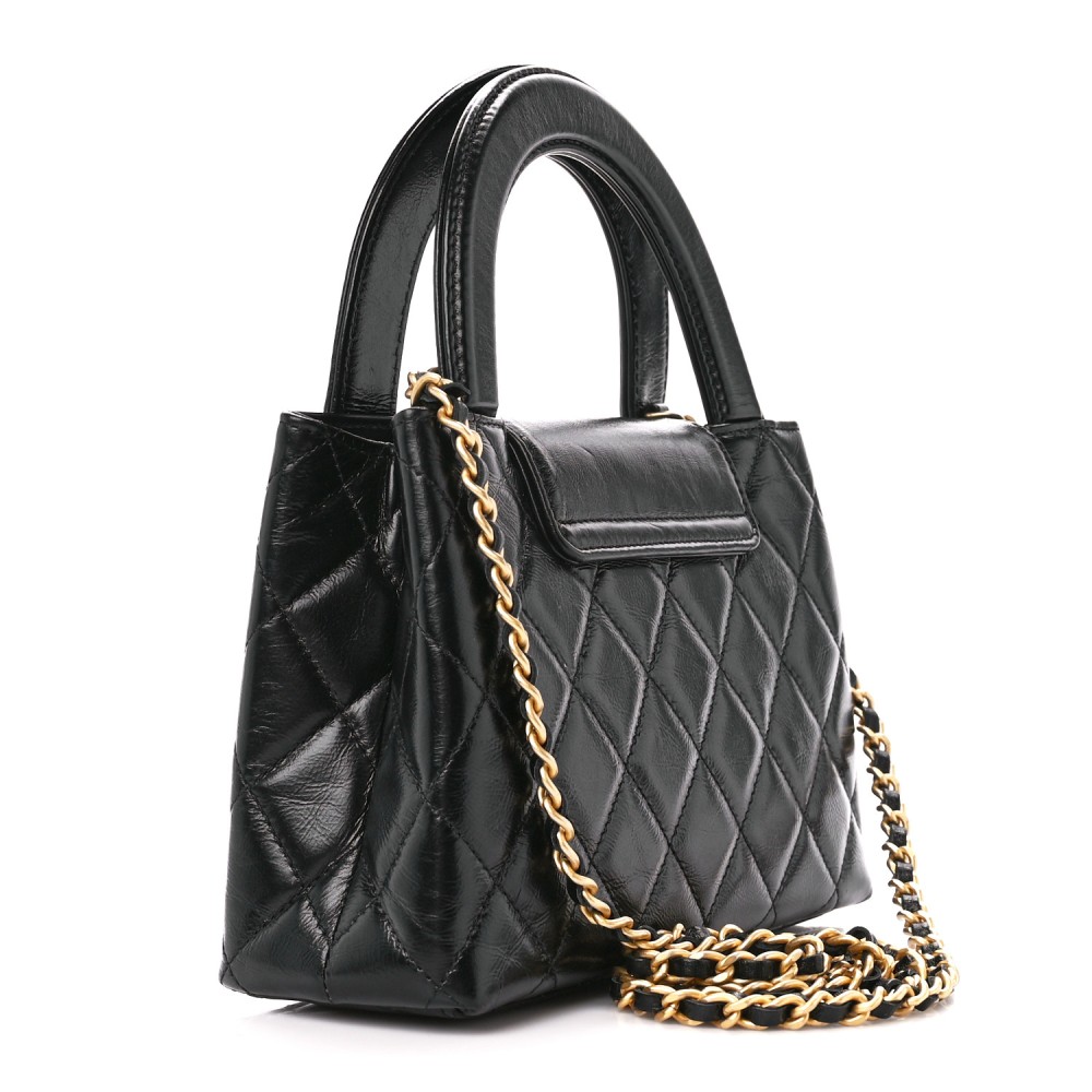 Shiny Aged Calfskin Quilted Nano Kelly Shopper Black