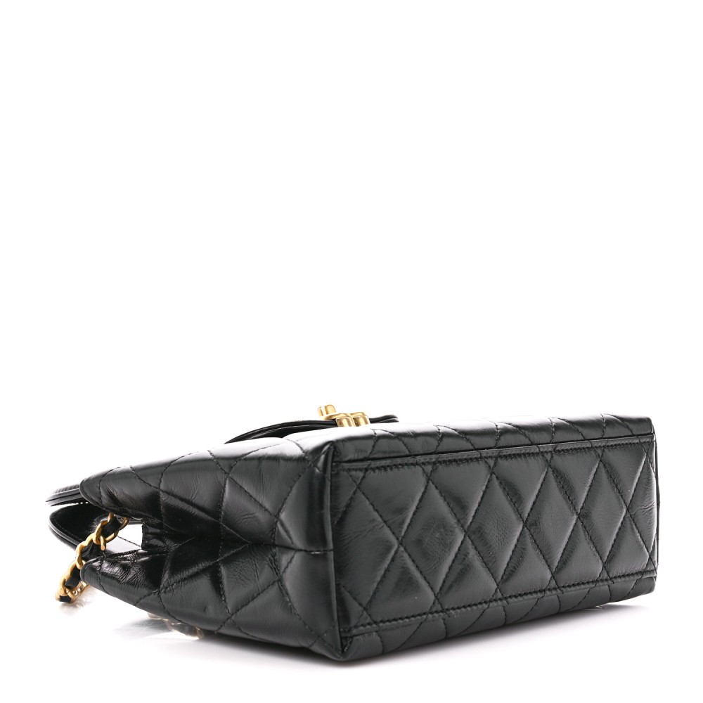 Shiny Aged Calfskin Quilted Nano Kelly Shopper Black