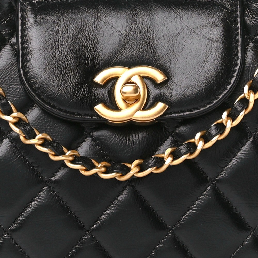 Shiny Aged Calfskin Quilted Nano Kelly Shopper Black