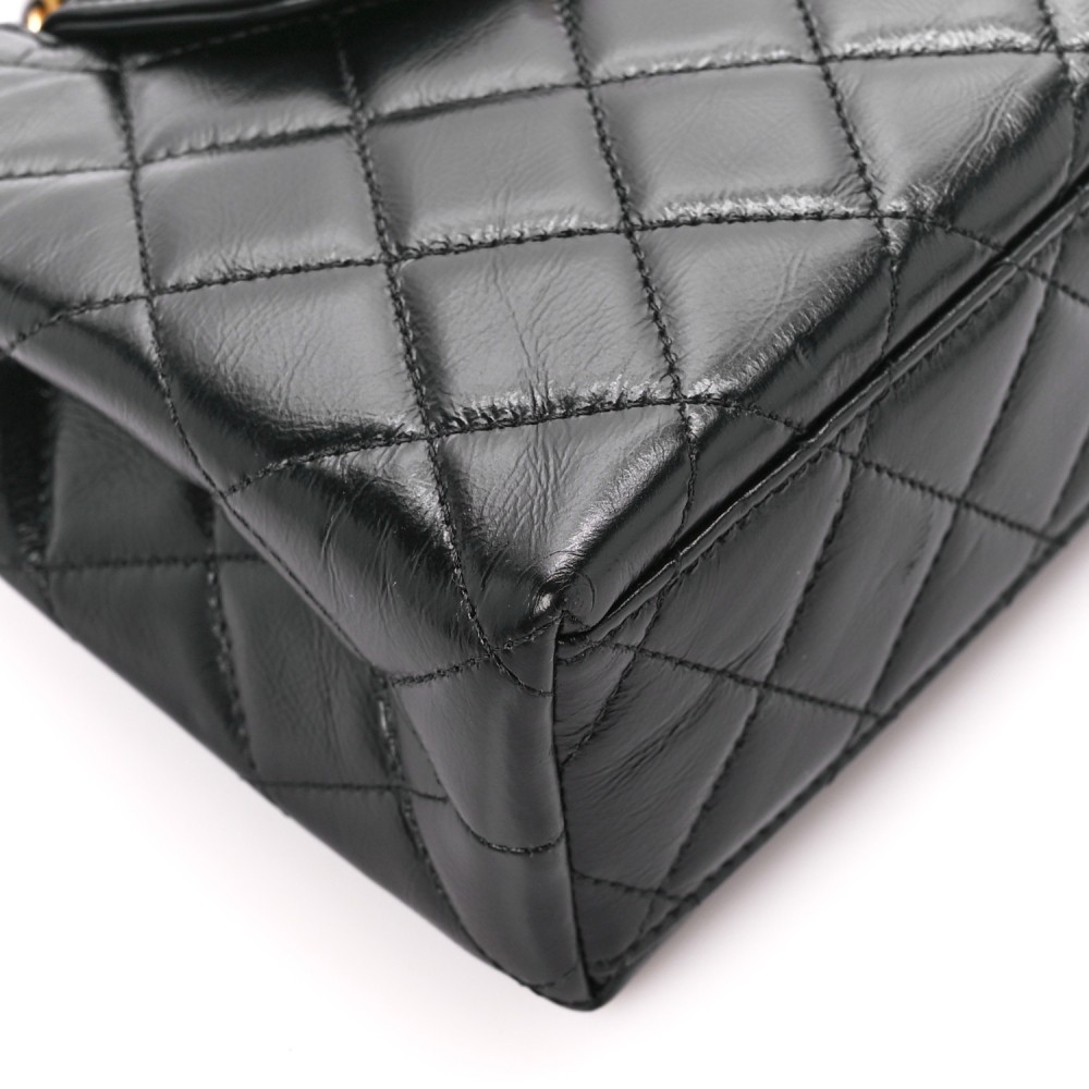 Shiny Aged Calfskin Quilted Nano Kelly Shopper Black