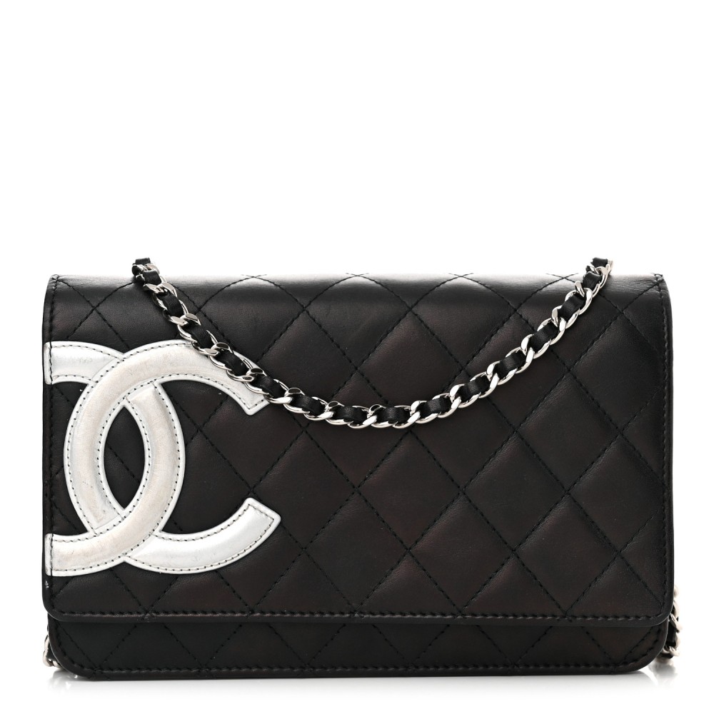 Calfskin Quilted Cambon Wallet on Chain WOC Black White