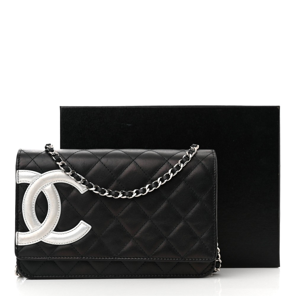 Calfskin Quilted Cambon Wallet on Chain WOC Black White