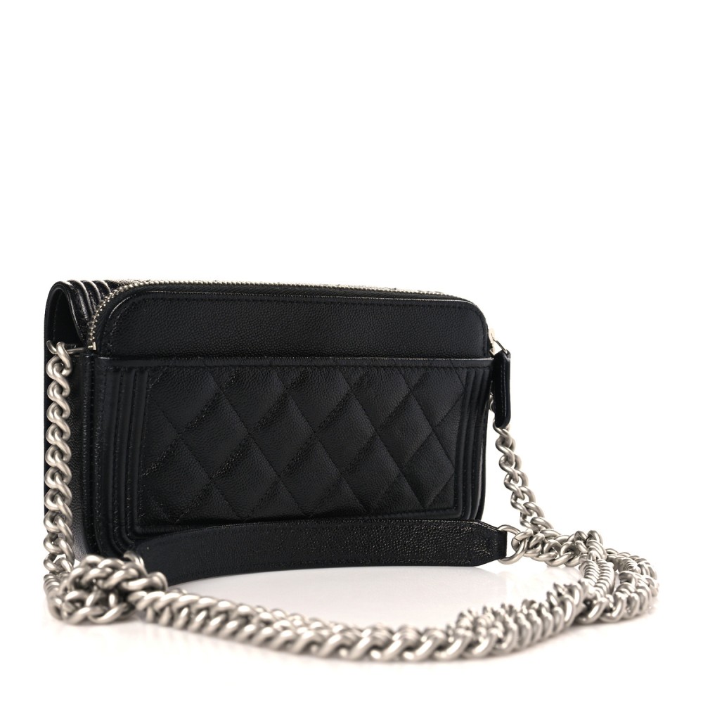 Caviar Quilted Boy Phone Holder Wallet On Chain Black