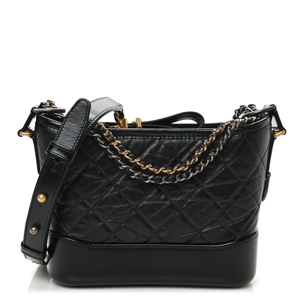 Aged Calfskin Quilted Small Gabrielle Hobo Black