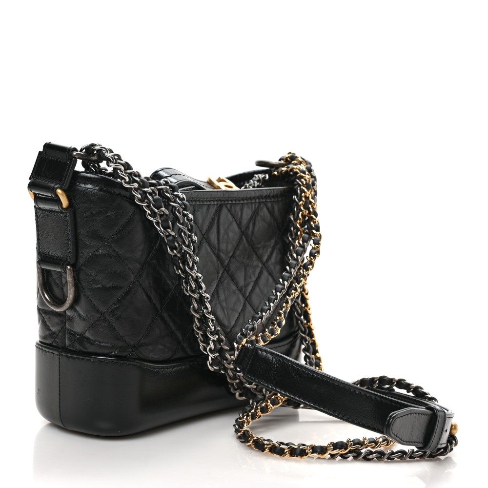 Aged Calfskin Quilted Small Gabrielle Hobo Black