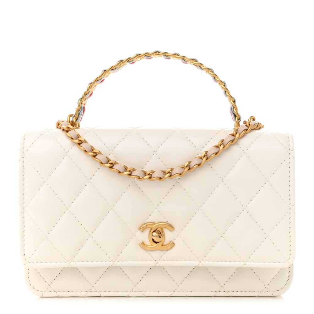 Shiny Calfskin Quilted Multicolor Top Handle Wallet On Chain WOC White