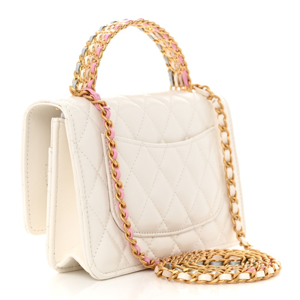 Shiny Calfskin Quilted Multicolor Top Handle Wallet On Chain WOC White