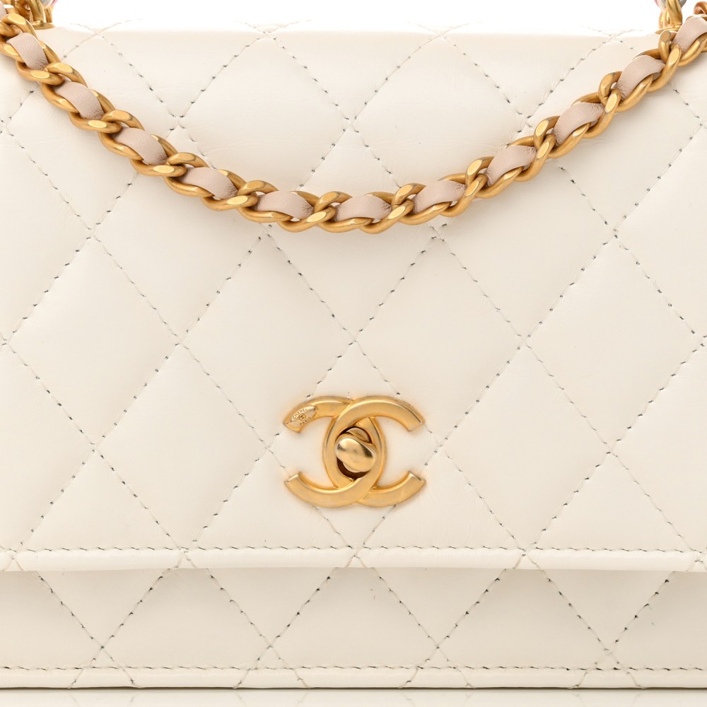 Shiny Calfskin Quilted Multicolor Top Handle Wallet On Chain WOC White